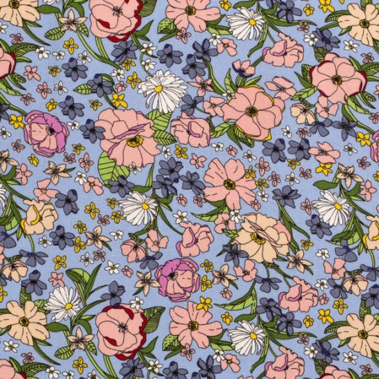 Woven Viscose Linen Fabric Printed Flowers Baby Blue