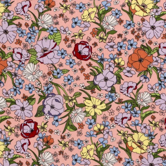 Woven Viscose Linen Fabric Printed Flowers Pink