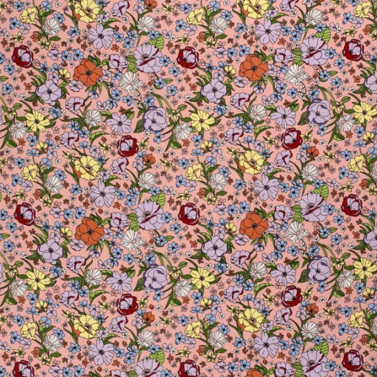 Woven Viscose Linen Fabric Printed Flowers Pink